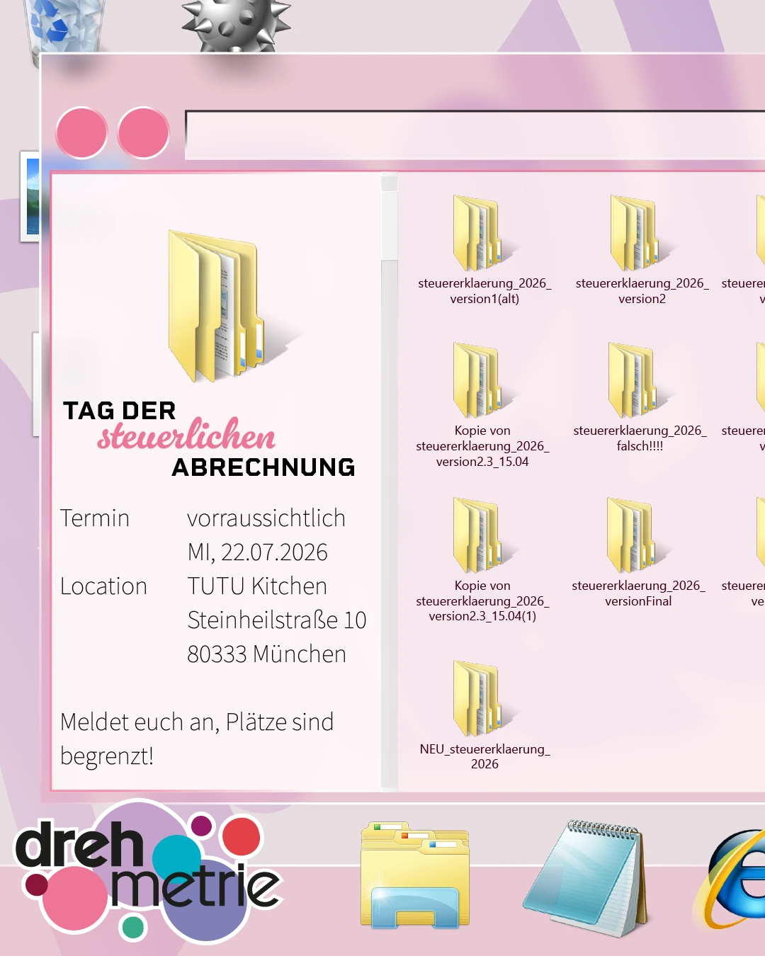 Plakat zum Tag der steuerlichen Abrechnung am 22. Juli 2026 in der TUTU Kitchen in München.
